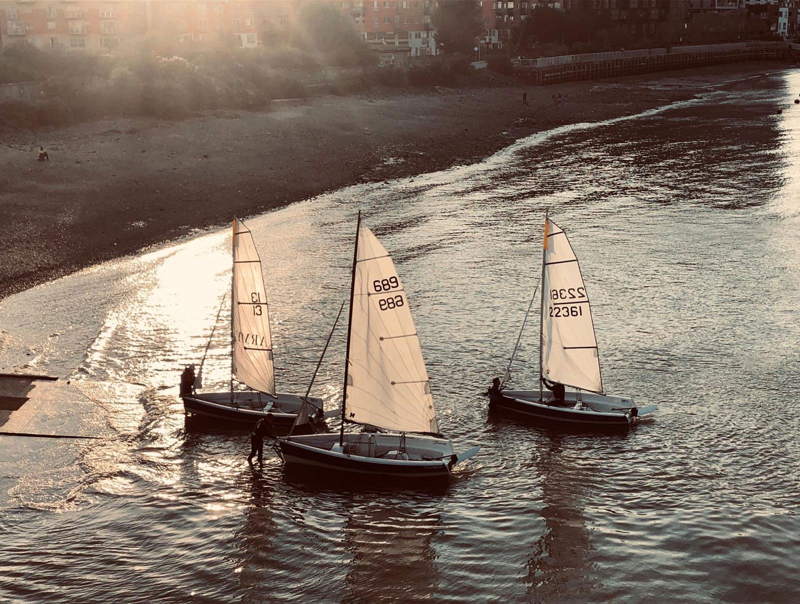 Three dinghies sailing on a glassy Thames in golden evening light